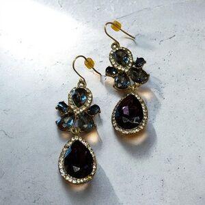 Statement drop earrings, dark sapphire-tone with rhinestone accents